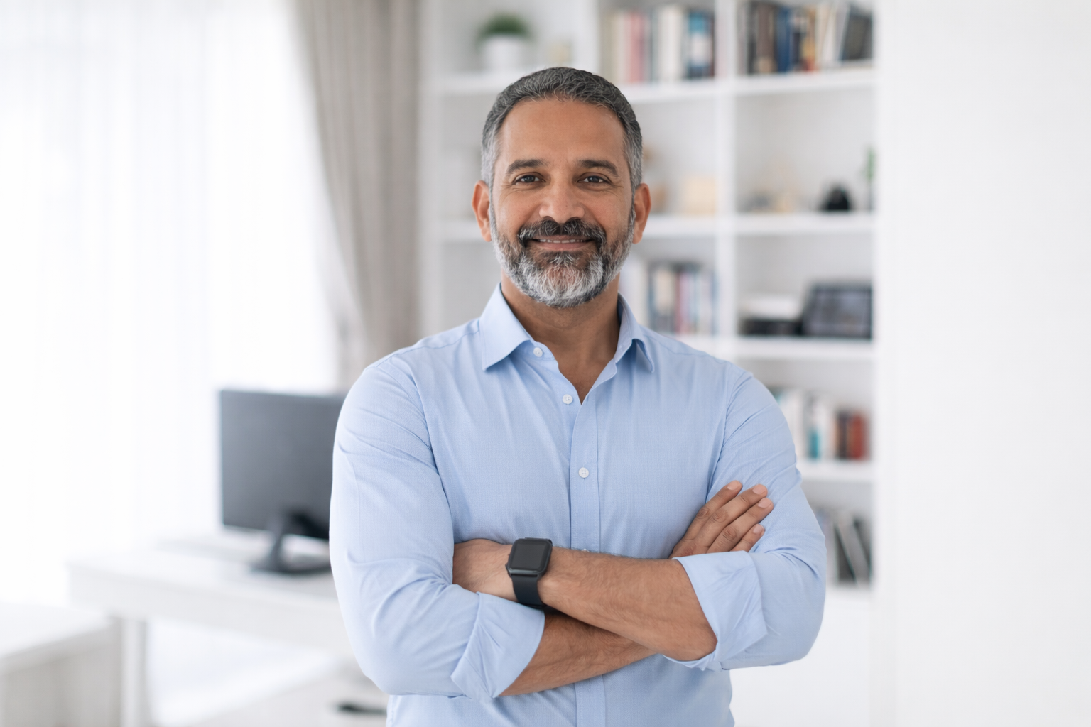 Man standing with arms crossed indoors.